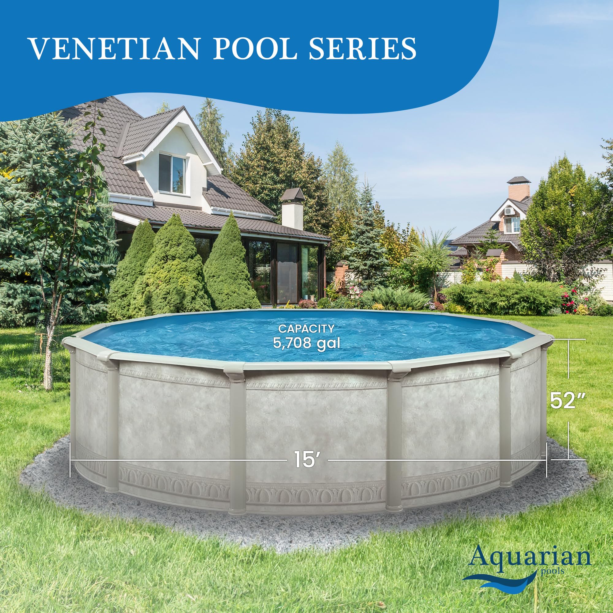 15' Aquarian Steel-Frame Above Ground Pool Kit with Pump & Leaf Skimmer - Venetian Style | Perfect for Backyard Swimming, Family Fun & Summer Relaxation