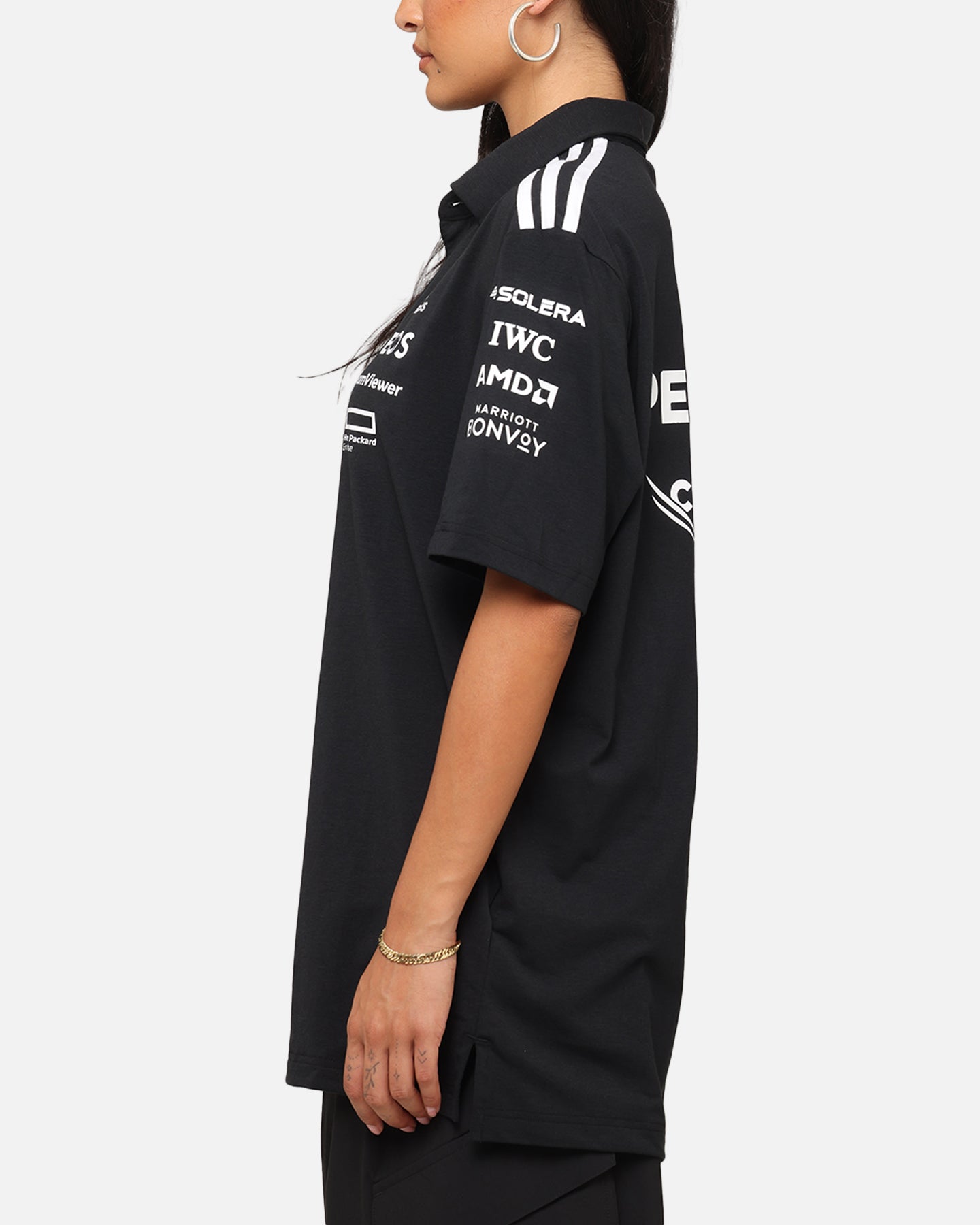 Adidas x Mercedes AMG Petronas F1 2025 Team Polo Shirt - Black & White - Men's Performance Golf & Racing Polo for Motorsport Fans