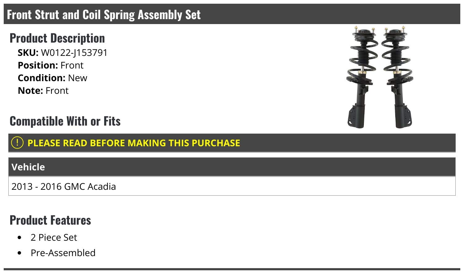 Front Strut and Coil Spring Assembly Set of 2 for 2013-2016 GMC Acadia | Durable Suspension Replacement for Smooth Ride & Off-Road Performance