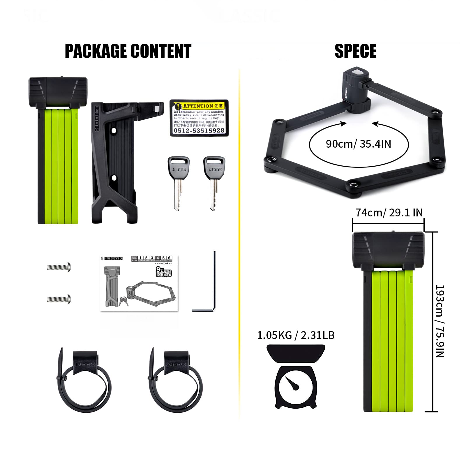 Heavy Duty Anti-Theft Folding Bike Lock - Compact Steel Bicycle Lock for Bike, Scooter & Motorcycle - Professional Secure Chain Lock for Outdoor Cycling, Commuting & Parking