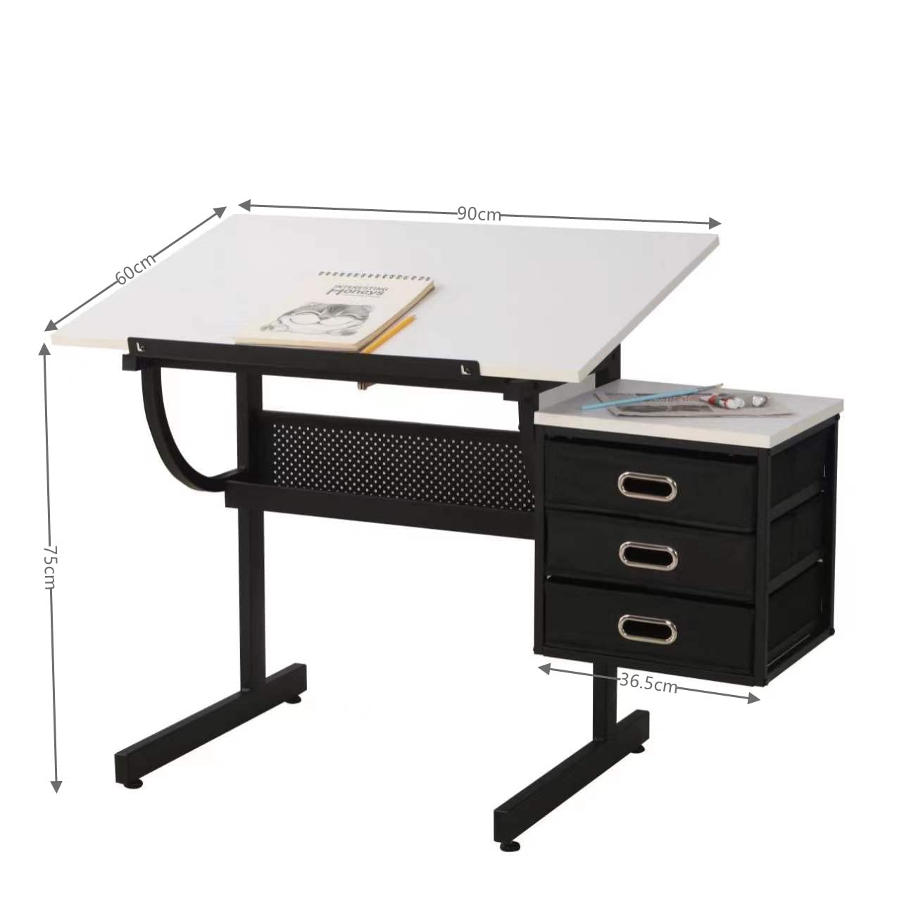 DeMya Adjustable Drafting Table with Stool & 3 Drawers - White Art Desk for Drawing, Sketching & Architecture - Perfect for Artists, Designers & Students