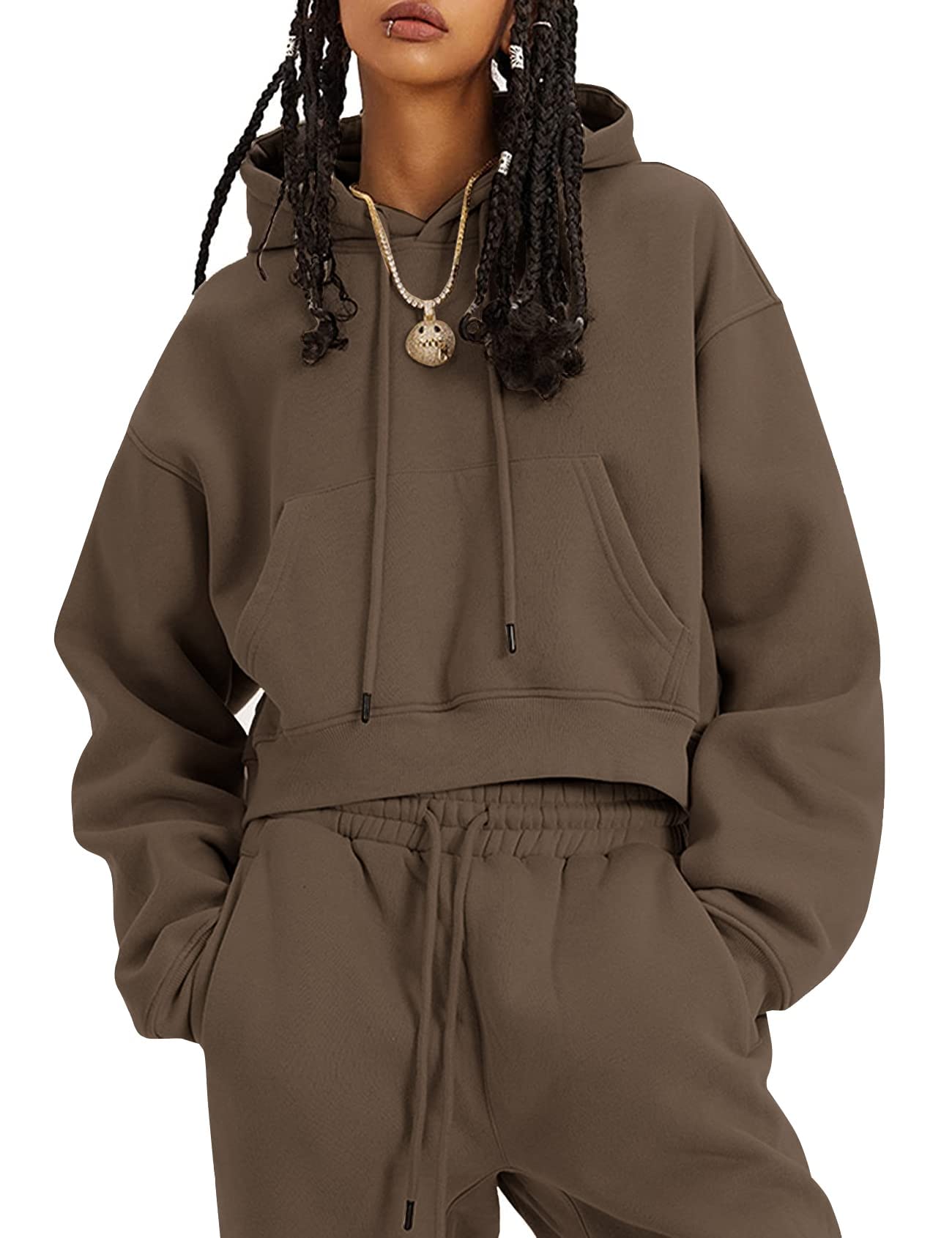 CozyPoins Women's Fleece 2-Piece Sweatsuit Set - Soft Crop Top & Jogger Pants with Hoodie | Comfy Lounge Wear for Home, Gym & Outdoor Activities