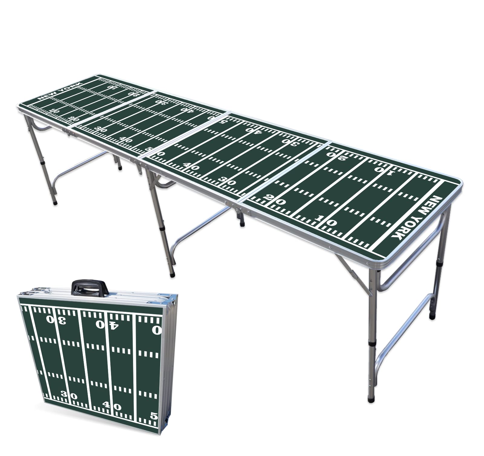 8-Foot Folding Portable Beer Pong Table with LED Lights & Optional Cup Holders - New York Jets Football Field Design | Perfect for Tailgating, Backyard Parties & College Events