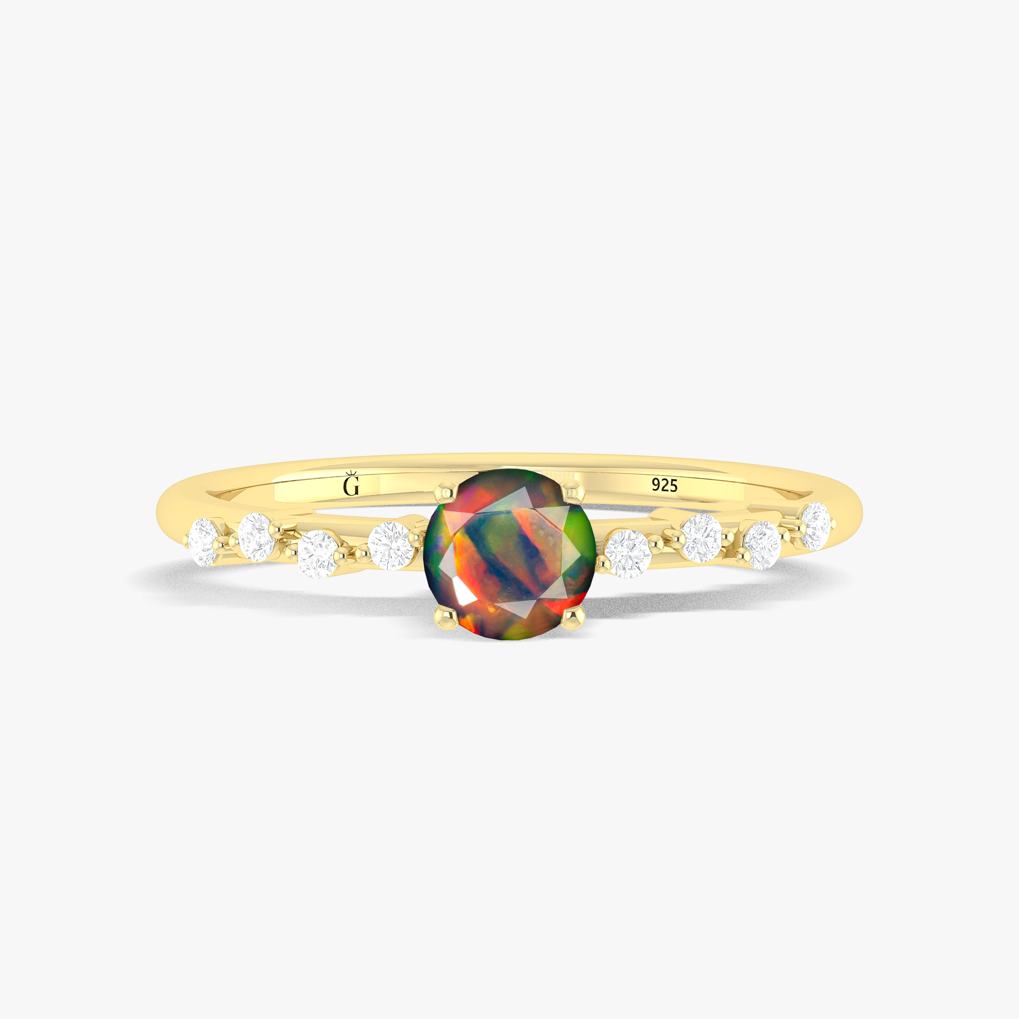 Natural Black Opal Round Stone Minimalist Solitaire Ring with Accent Diamonds | Elegant Wedding, Engagement & Everyday Jewelry for Women