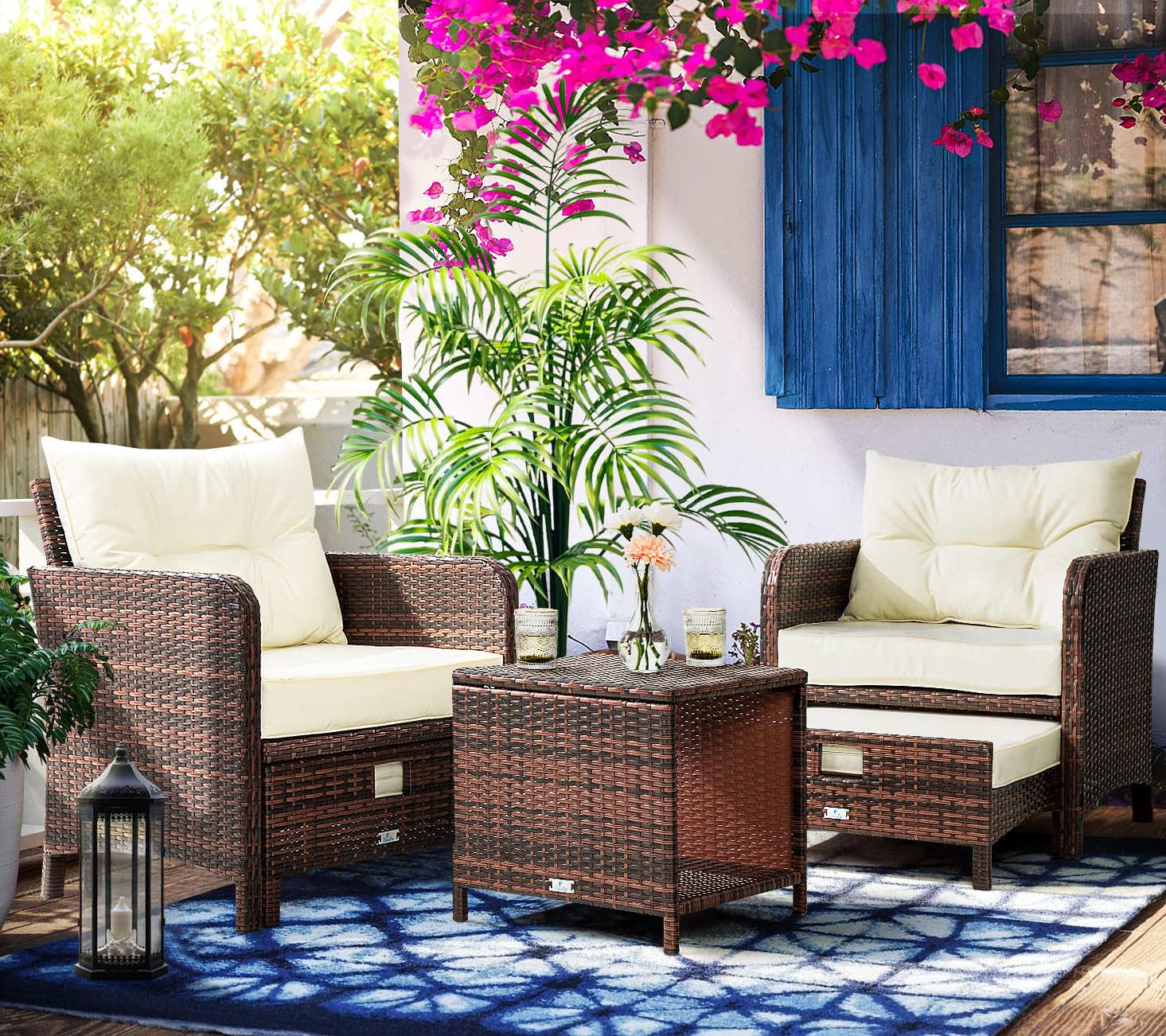 Pamapic 5-Piece Rattan Patio Furniture Set with Ottomans & Coffee Table - PE Wicker Outdoor Chairs for Poolside, Porch, Garden, Balcony, Lawn - Beige | Perfect for Relaxing, Entertaining & Outdoor Dining