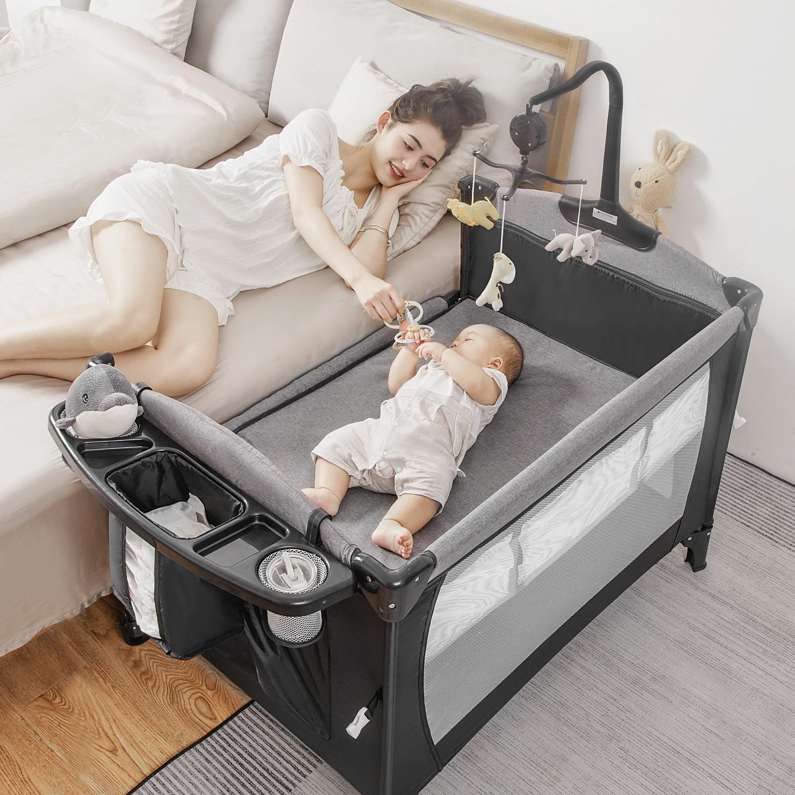 5-in-1 Baby Bassinet Bedside Sleeper with U-Shaped Diaper Changer | Portable Playard for Newborns & Toddlers | Adjustable Height Crib with Carry Bag | Easy Setup Nursery Essential (Black) - Perfect for Home, Travel & Overnight Stays