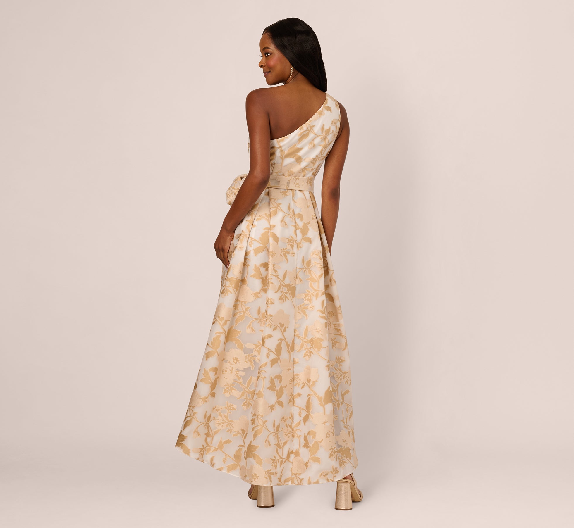 Elegant One Shoulder Organza Jacquard High-Low Evening Gown in Champagne Ivory - Perfect for Prom, Wedding Guest & Formal Events