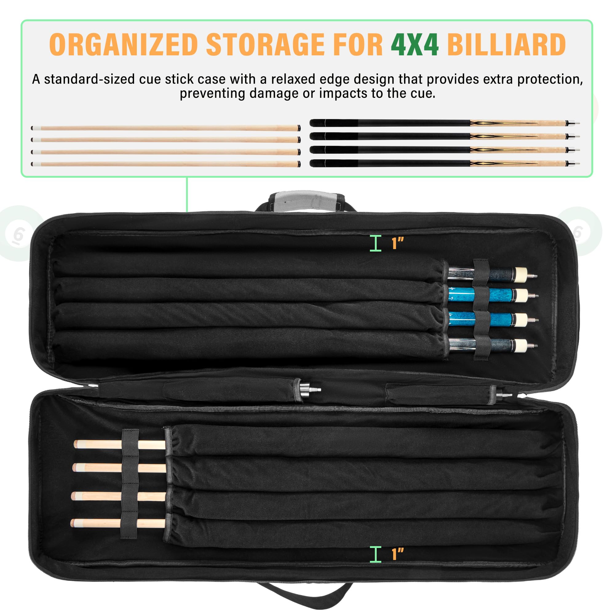 4x4 Pool Cue Case - Soft Padded Billiard Stick Holder with Adjustable Shoulder Strap & 2 Large Accessory Pockets | Perfect for Pool Players, Tournament Travel & Cue Protection