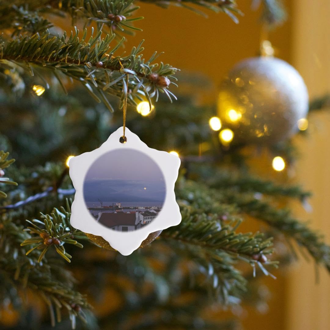 3D Rose Porcelain Snowflake Ornament - Sunset & Moonrise on Horta, Faial Island with Pico Volcano Background - 3-Inch Holiday Decoration for Christmas Tree, Gift Giving & Home Decor