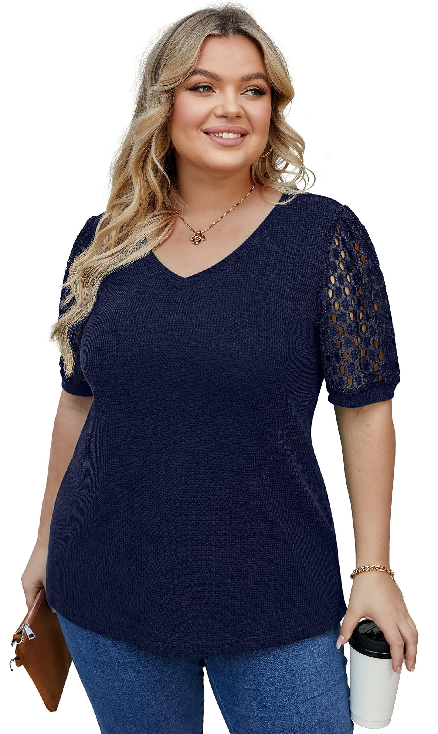OLRIK Plus Size Tops for Women - Summer Waffle Knit Blouse with Short Lace Sleeves | Casual Office Wear & Date Night Outfits