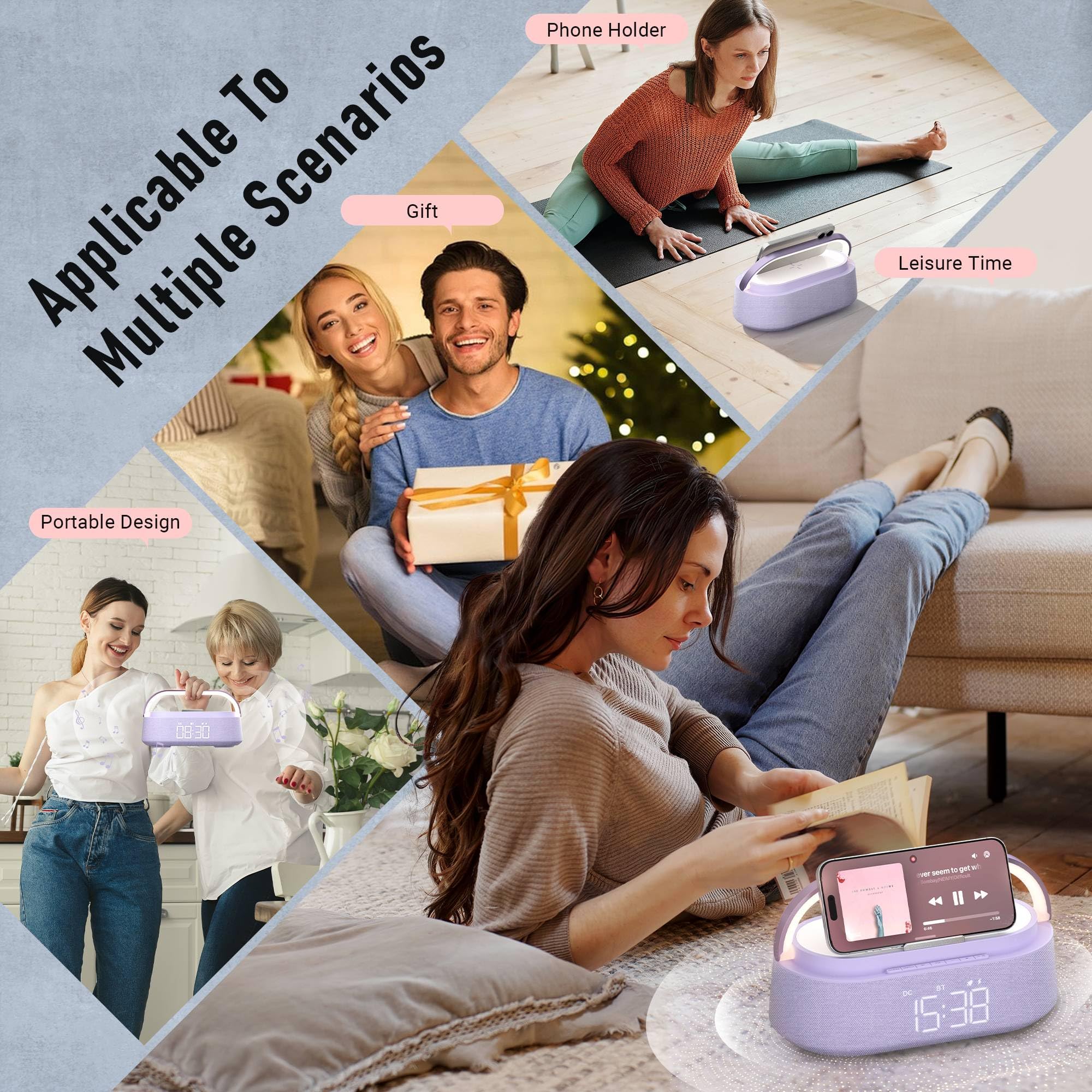 Wireless Bluetooth Speaker with Qi Wireless Charger, FM Radio, Night Light & Phone Stand - Portable Speaker for iPhone, Samsung, AirPods - Perfect for Bedroom, Home Office, Travel & Gift Giving