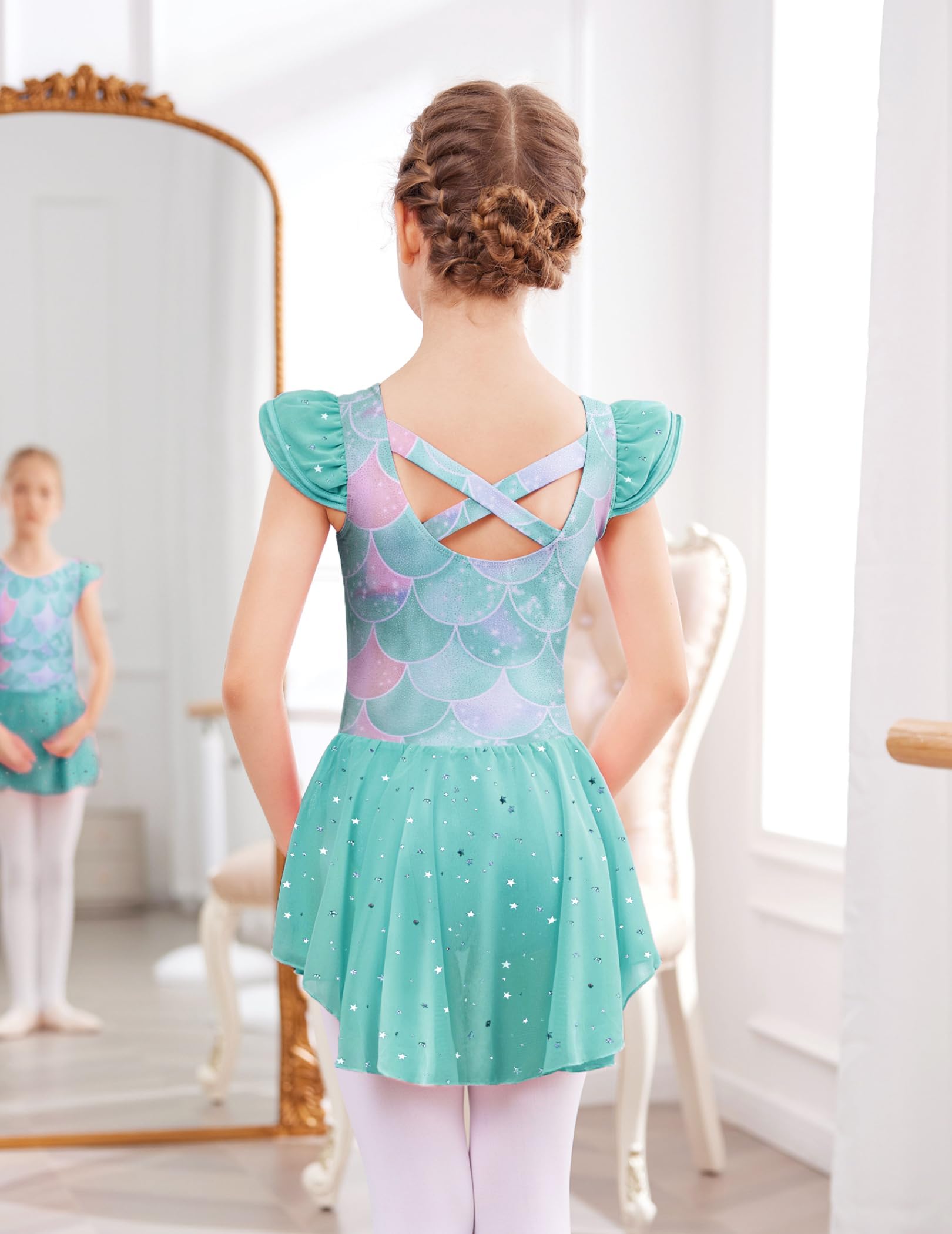 Zaclotre Girls Ballet Leotard with Ruffle Sleeves & Criss-Cross Back - Dance Outfit with Attached Skirt - Perfect for Ballet Class, Recital & Performance