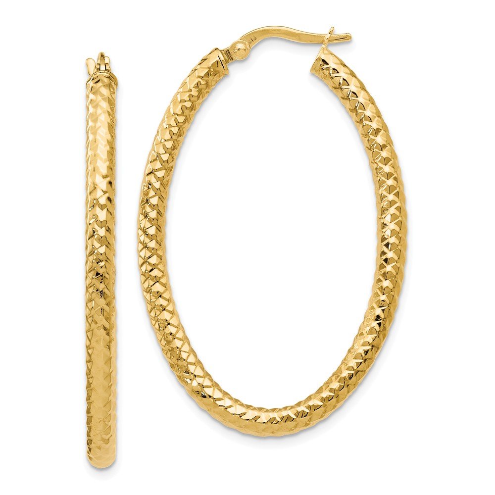 14K Yellow Gold Oval Hoop Earrings for Women - Polished & Textured ForeverLite Design - Perfect for Everyday Wear, Parties & Special Occasions