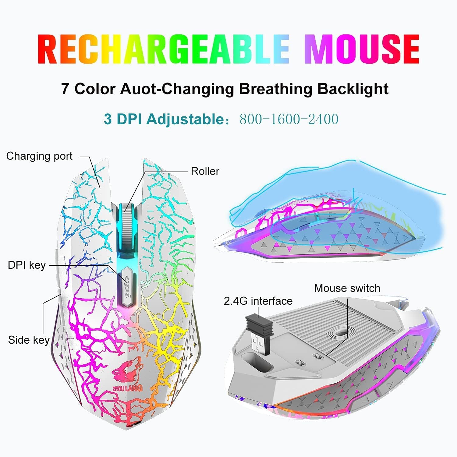 60% Compact Wireless Gaming Keyboard and Mouse Set with RGB Rainbow Backlight, 3800mAh Type-C Rechargeable, Mechanical Feel, Green Mouse Pad - Perfect for PC, Laptop, PS4 Gaming (White)
