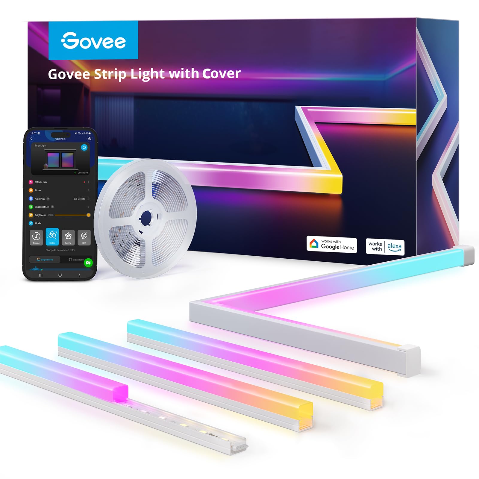 Govee RGBIC Smart LED Strip Lights 16.4ft - Alexa & Google Assistant Compatible - Color Changing Lights with Diffuser Channel for Bedroom, Studio, Cabinet, Skirting Board Decoration - Perfect for Home Theater, Gaming Setup & Mood Lighting
