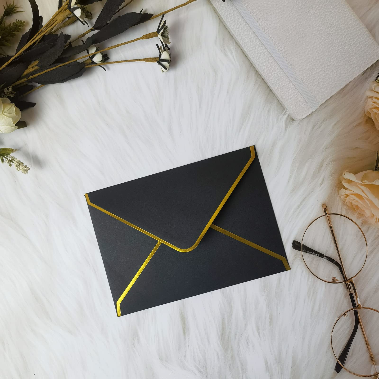 50 Pack A6 Gold Foil Trim Envelopes 4x6 Inches - Elegant Wedding Invitation Envelopes, Graduation & Birthday Cards, Photo Mailers - Perfect for Special Occasions & Professional Correspondence (Black)
