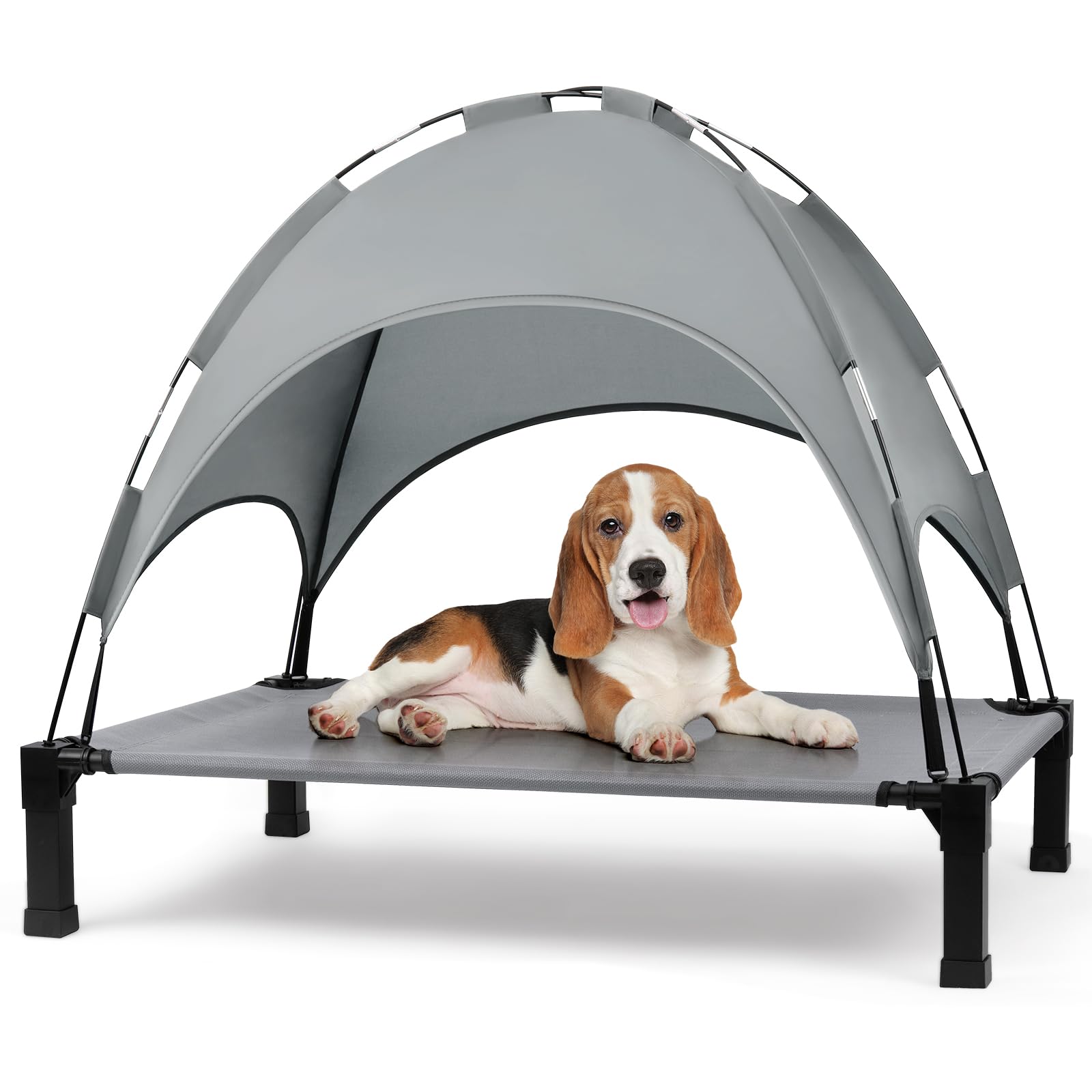 Elevated Dog Bed with Canopy - Portable Cooling Raised Pet Cot with Removable Shade Tent for Dogs & Cats | Grey | Perfect for Outdoor Camping, Backyard Lounging & Travel