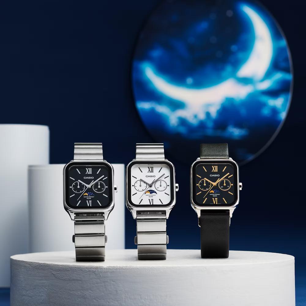 Casio Men's Analog Stainless Steel Watch with White Dial & Moon Phase - MTP M305D 7A2VDF - Perfect for Business, Formal Events & Everyday Wear