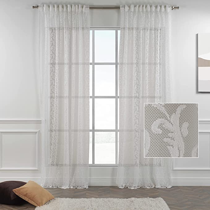 White Lace Sheer Extra Long Floral Curtains Set of 2 Panels - Rod Pocket & Back Tab Window Drapes 52x252 Inches (10-30 Ft Length) for Living Room, Bedroom - Turkish Made Home Decor