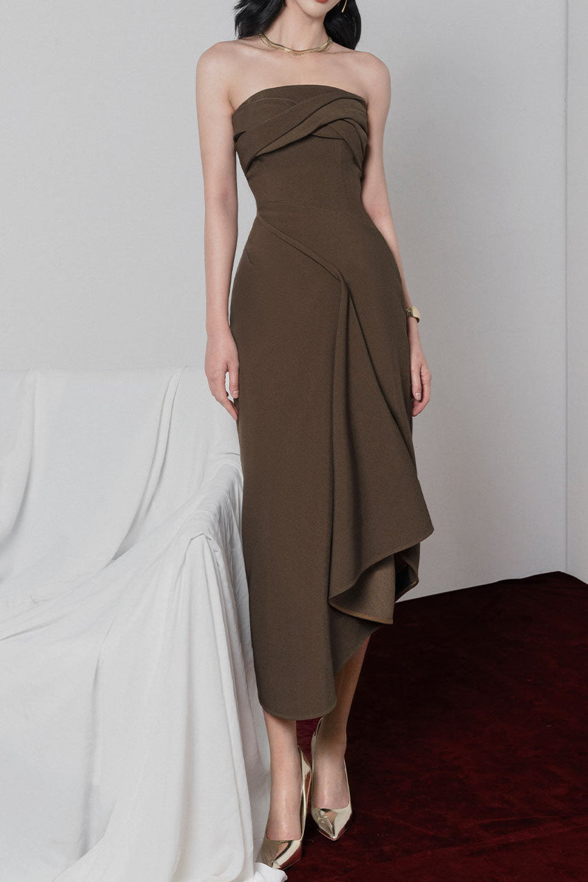 Strapless Asymmetric Midi Dress - Brown Elegant Bodycon Party Dress for Women | Perfect for Cocktail Parties, Date Nights & Special Occasions