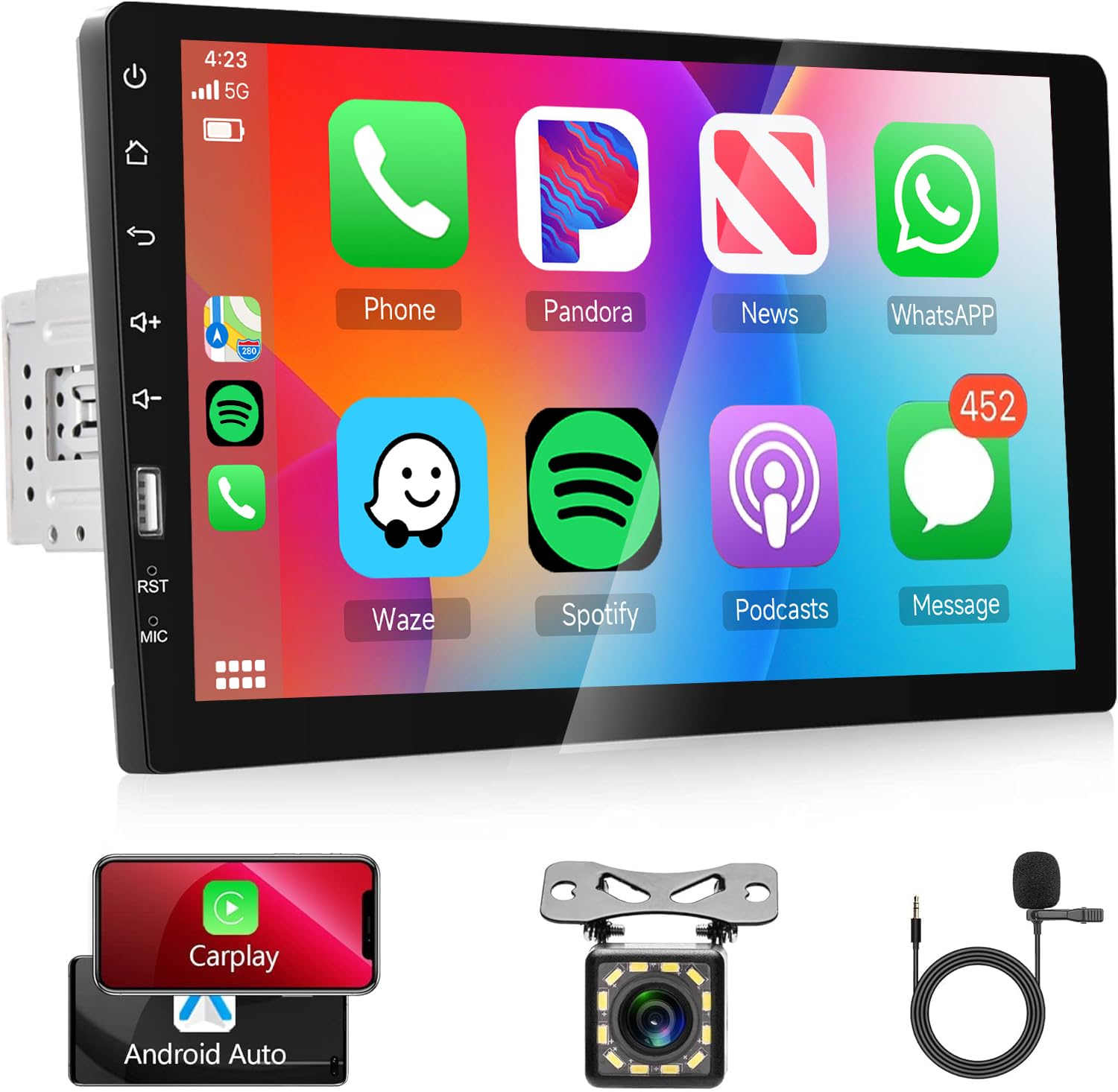 Rimoody 9 Inch Single Din Touchscreen Car Stereo with Apple CarPlay & Android Auto - Bluetooth FM AM Radio, Mirror Link, TF/USB/AUX Input, Backup Camera - Perfect for Hands-Free Calling, Music Streaming & Safe Parking