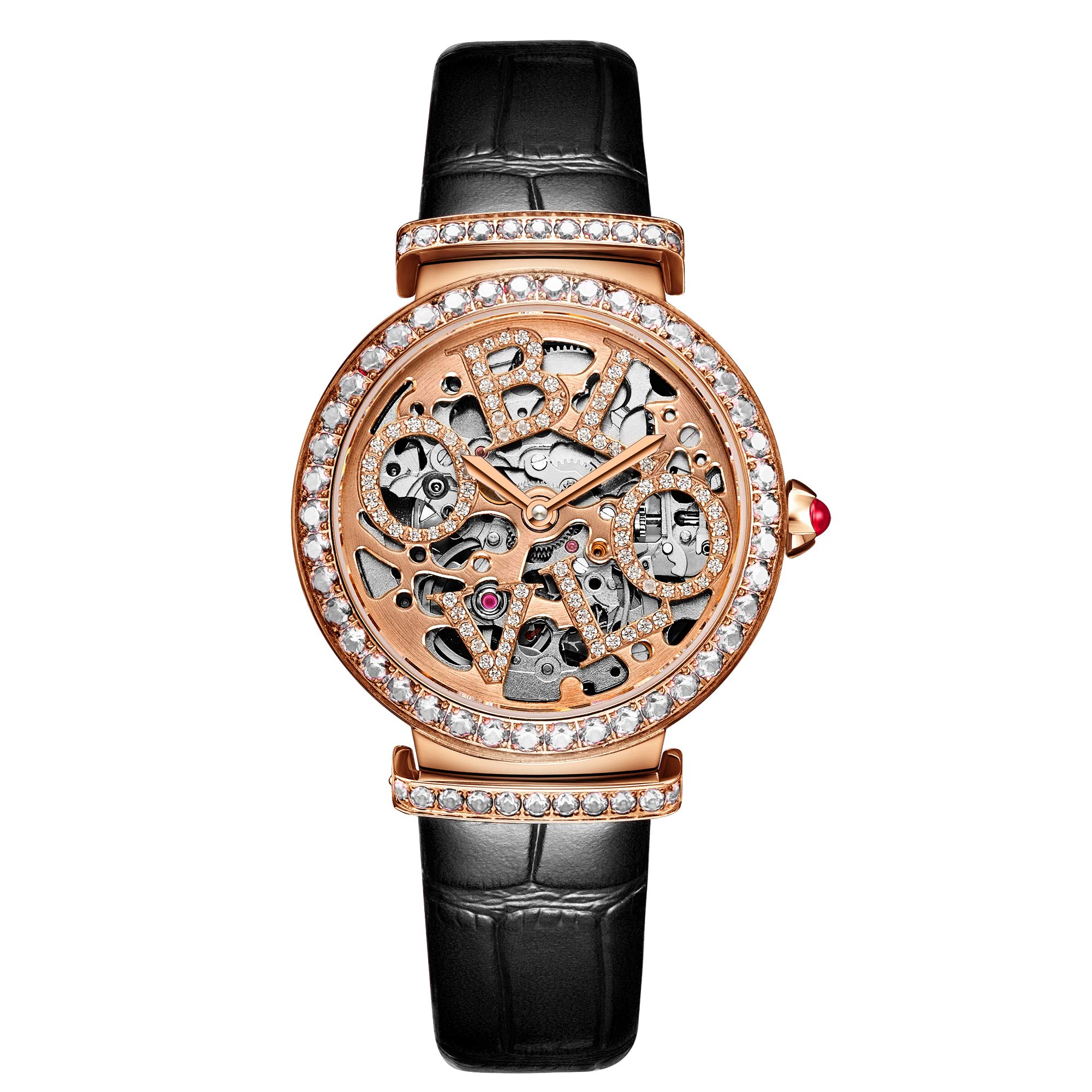 Luxury Women's Rose Gold Automatic Watch with Skeleton Dial - Genuine Leather Strap - Elegant Dress Watch for Business, Party & Special Occasions
