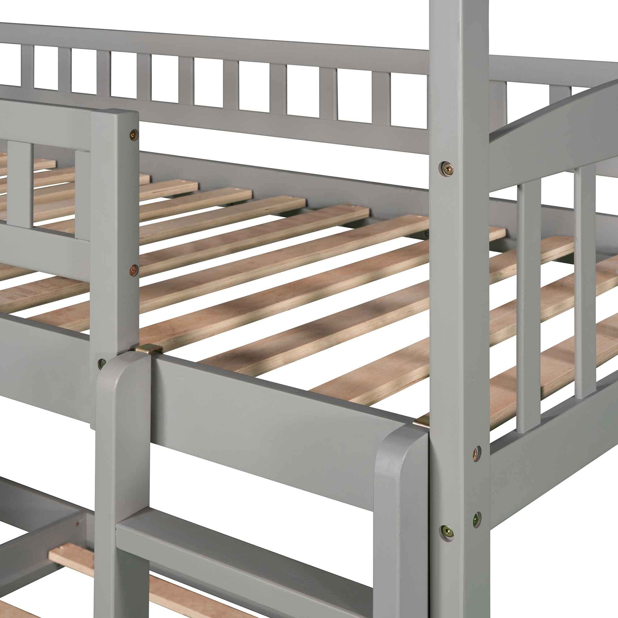 ATY House Twin Over Twin Wooden Bunk Bed for Kids with Slide, Roof, Guardrail & Ladder - No Box Spring Needed - Space-Saving Gray Bunkbed for Bedrooms, Guest Rooms & Vacation Homes