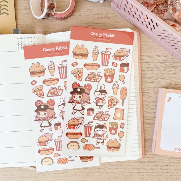 Burger Cafe Sticker Sheet - Waterproof Vinyl Decals for Laptops, Water Bottles & DIY Crafts - Perfect for Food Lovers & Kawaii Aesthetic