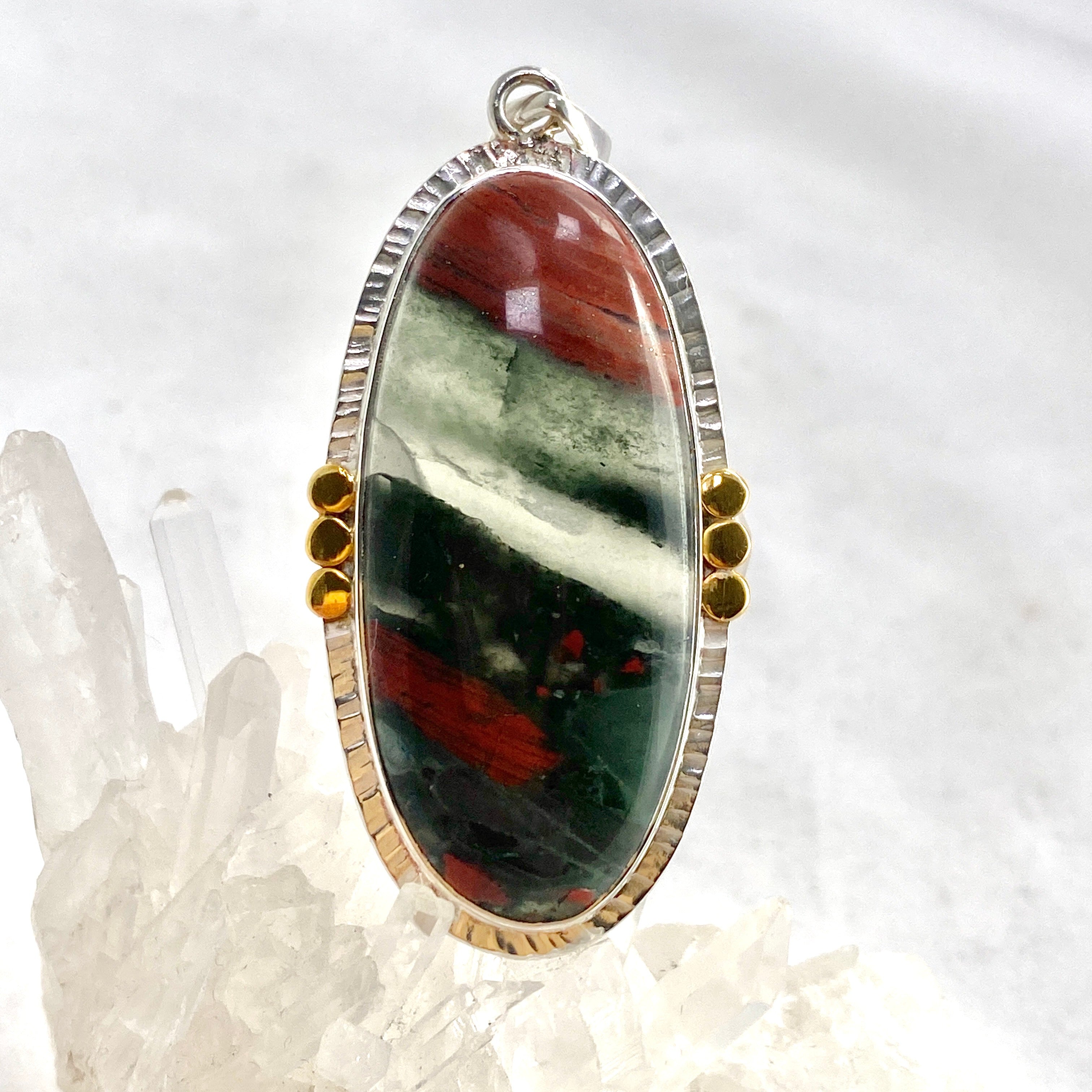 Bloodstone Oval Cabochon Pendant with Brass Accents - Handmade Jewelry for Women, Spiritual Healing Stone Necklace - Perfect for Meditation, Energy Work & Boho Fashion | KPGJ4745