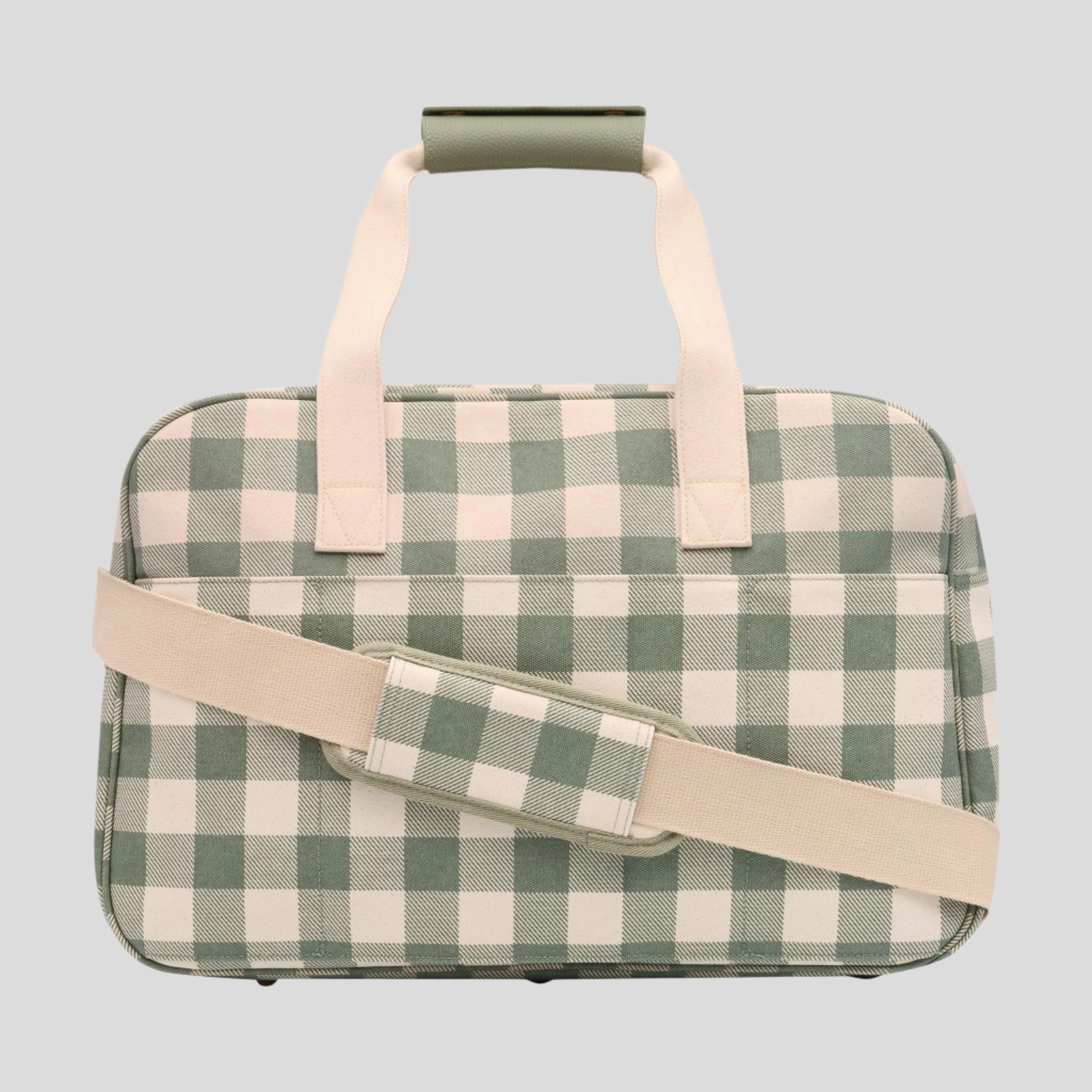 Bon Voyage Weekender Bag - Sage Gingham Checkered Travel Duffel for Women & Men | Perfect for Weekend Getaways, Gym, Overnight Trips & Airplane Carry-On