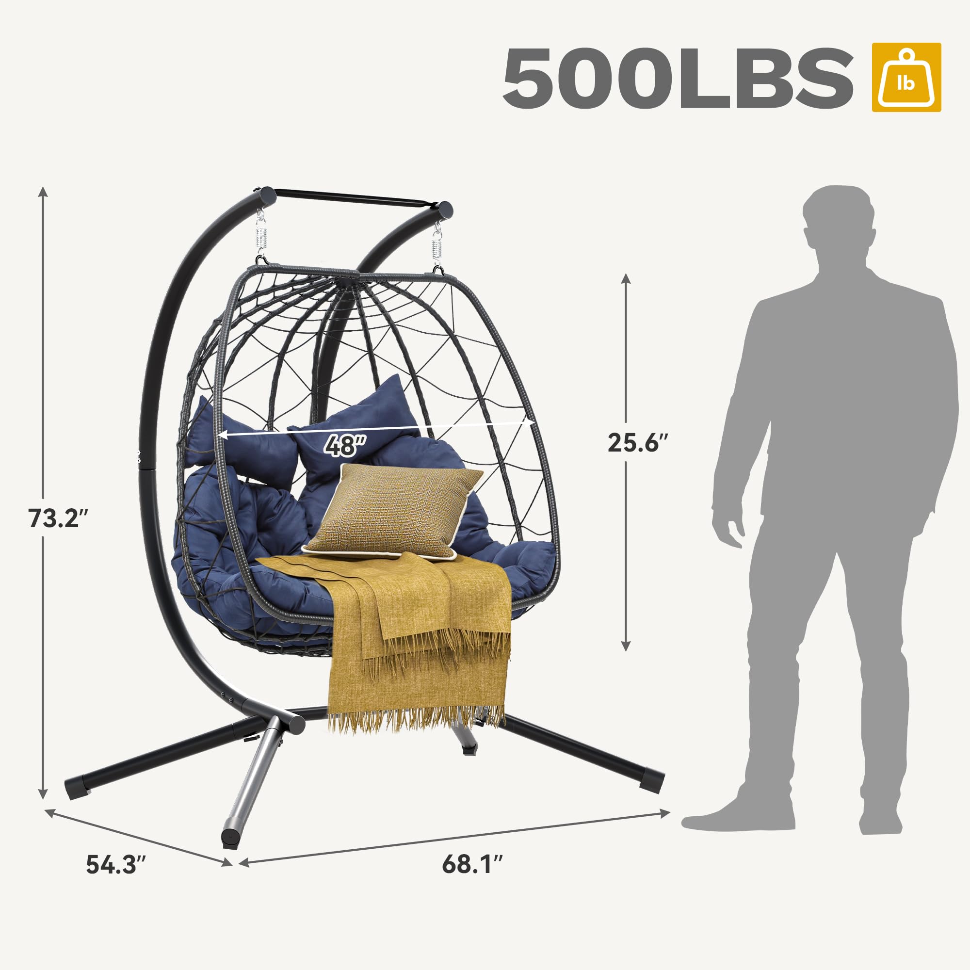 DWVO Double Egg Hanging Swing Chair with Stand - 500lbs Capacity Wicker Egg Chair for Indoor & Outdoor Use - Includes Cushions for Patio, Bedroom, Garden, Balcony - Perfect for Relaxing, Reading & Lounging (Blue)