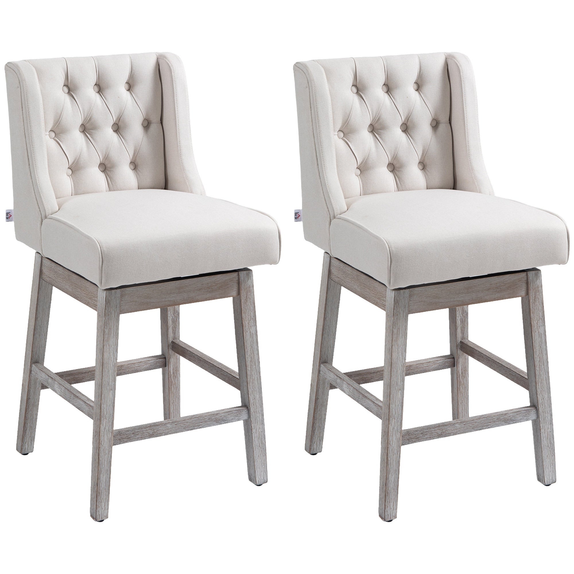 2-Pack Counter Height Bar Stools with 180-Degree Swivel, 27-Inch Seat Height, Solid Wood Footrests & Button Tufted Design in Beige - Perfect for Kitchen Islands, Breakfast Bars, and Home Bars