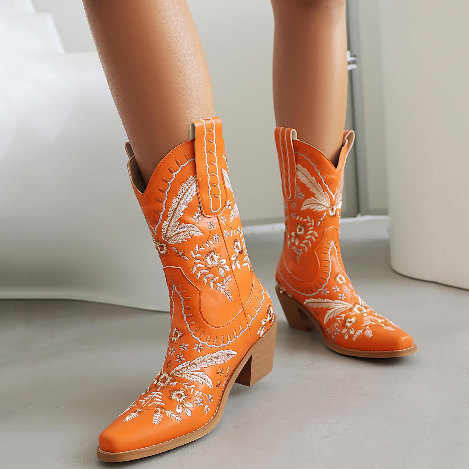 Women's Embroidered Cowgirl Boots - Western Pull On Cowboy Boots with Floral Design & Chunky Low Heel | Perfect for Country Dancing, Rodeo Events & Casual Fashion