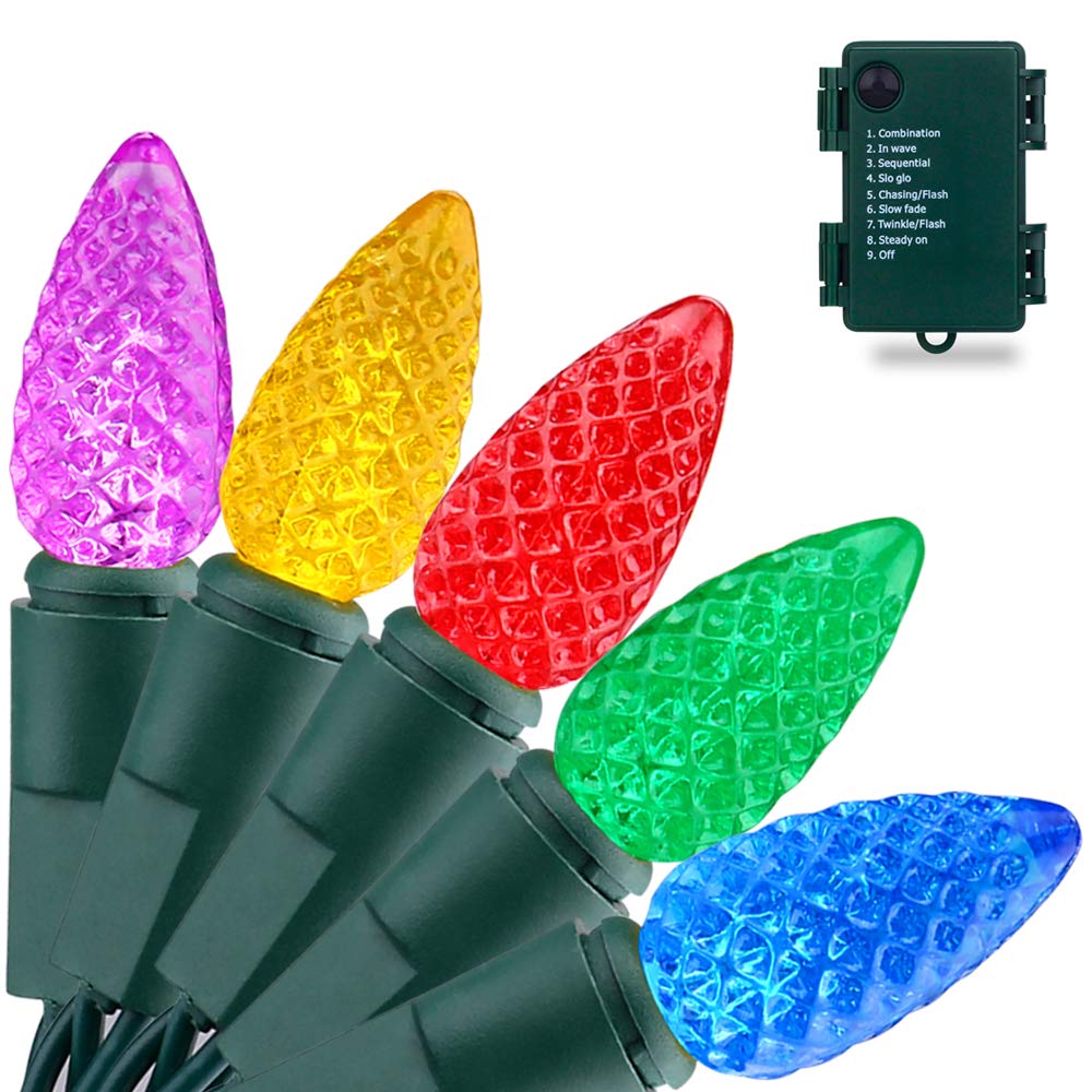 50 LED 18ft C3 Christmas String Lights with Built-in Timer - Faceted Bulb Battery Operated Fairy Lights for Indoor/Outdoor Decor - Perfect for Christmas Tree, Garden, Bedroom, Wreath & Holiday Party Decorations - Multi Color