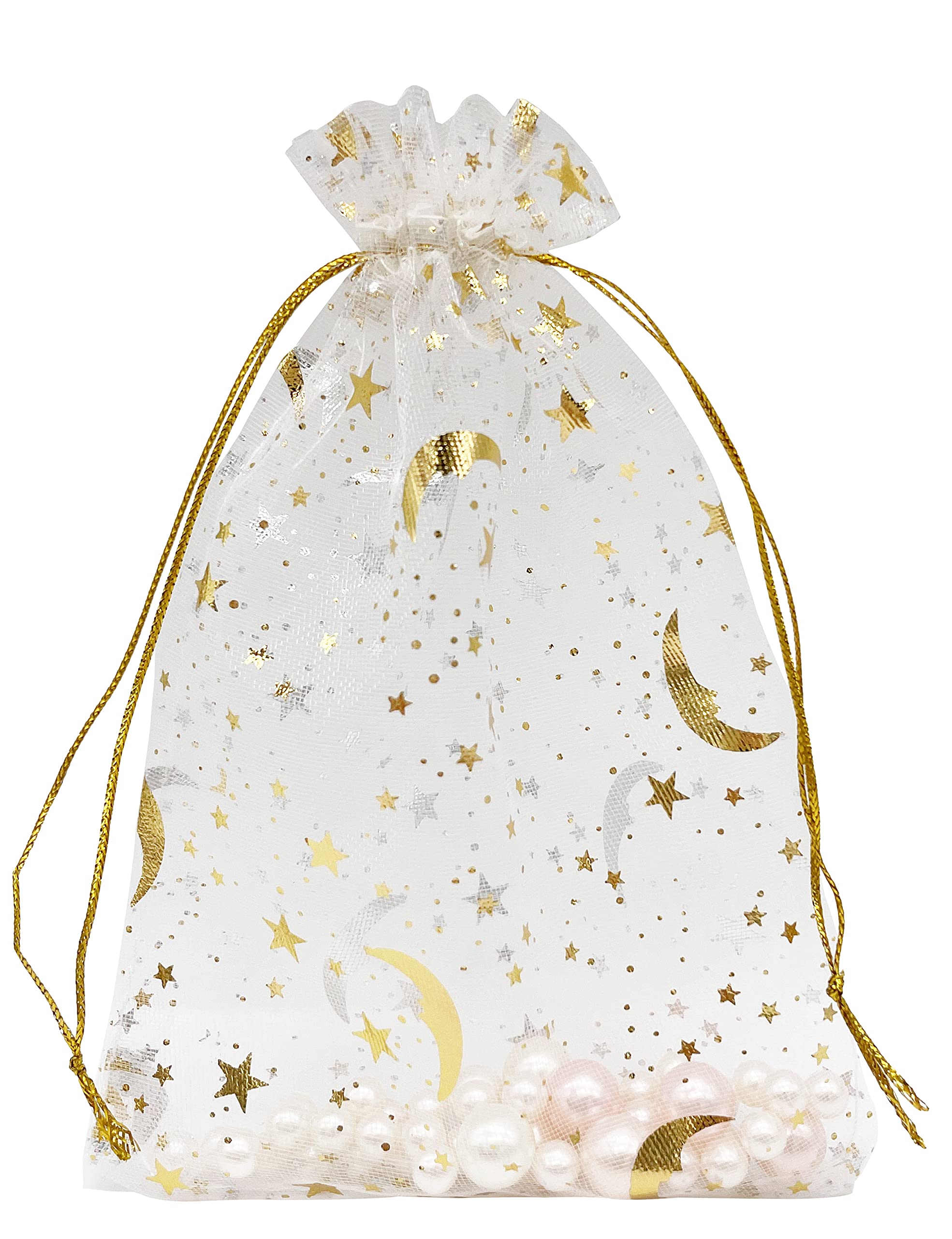 100PCS 4x6 Inch White Organza Drawstring Bags - Small Mesh Jewelry Gift Pouches with Moon & Star Design for Wedding Favors, Party Gifts, Candy Packaging & DIY Crafts (White) - Perfect for Bridal Showers, Baby Showers, Birthday Parties & Special Events
