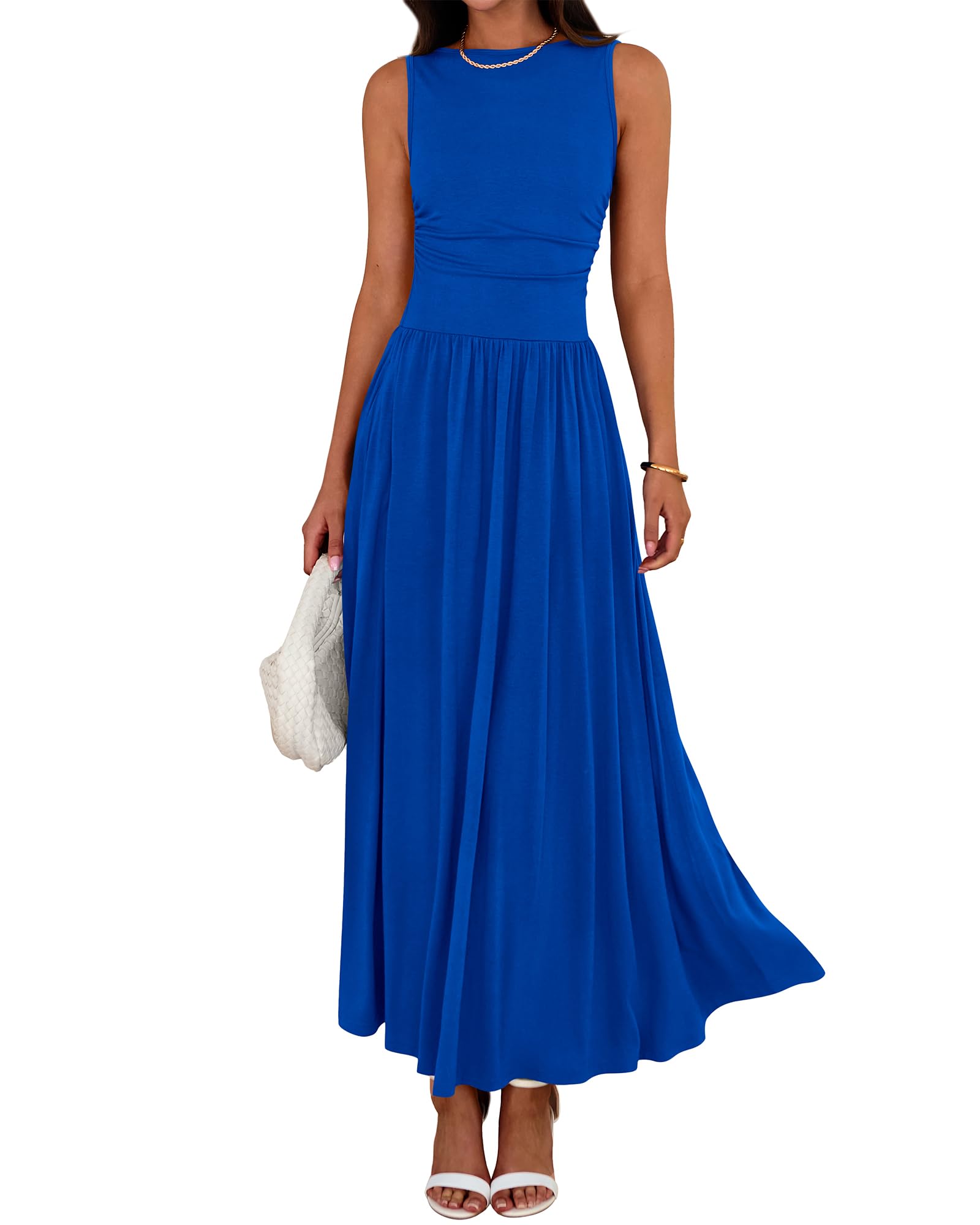 BTFBM Women's Summer Maxi Dress 2025 - Sleeveless Casual Ruched High Waist Tank Long Sundress, Flowy Beach Dress for Vacation, Pool Party & Outdoor Activities