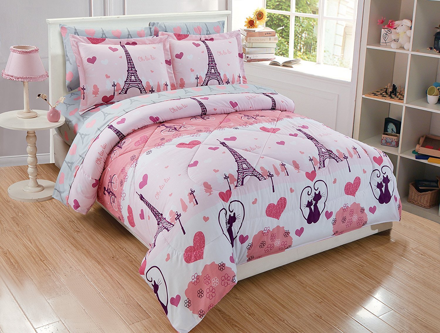 Paris Eiffel Tower Bonjour Design 7-Piece Queen Size Comforter Bedding Set - Pink & Grey Multicolor for Girls & Kids | Includes Sheet Set | Perfect for Teen Bedrooms, Dorm Decor & Themed Bedrooms