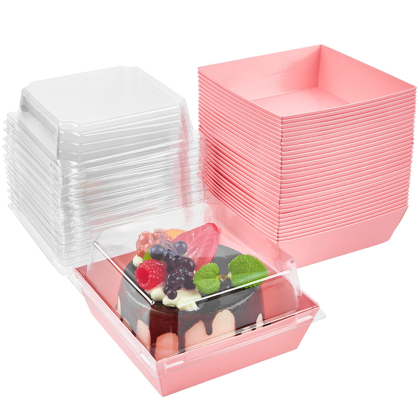 50 Pack Small Charcuterie Boxes with Clear Lids - 4 Inch Disposable Bakery Dessert Boxes for Cookies, Cake Slices, Mini Cakes, Chocolates & Strawberries | Perfect for Party Favors, Wedding Treats, Gift Boxes & Takeout Food Containers (Pink)