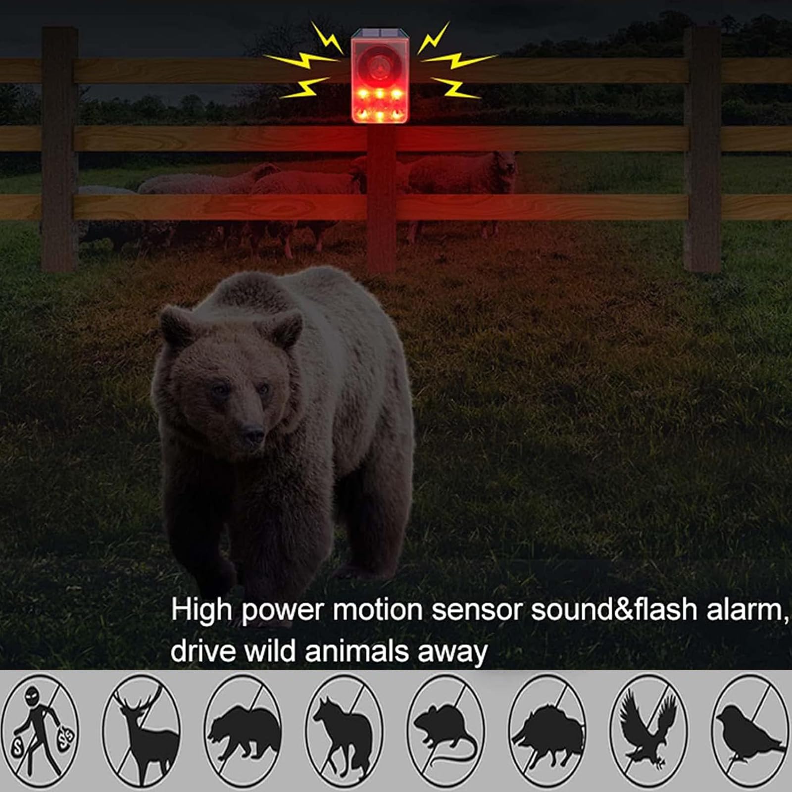 WONFAST Solar Motion Sensor Alarm Light with 130dB Siren - Security Strobe Light with Gunshot & Dog Barking Sounds, 20s Custom Voice Recording - Ideal for Farm, Villa, Barn, Yard & Chicken Coop Protection (1PC)