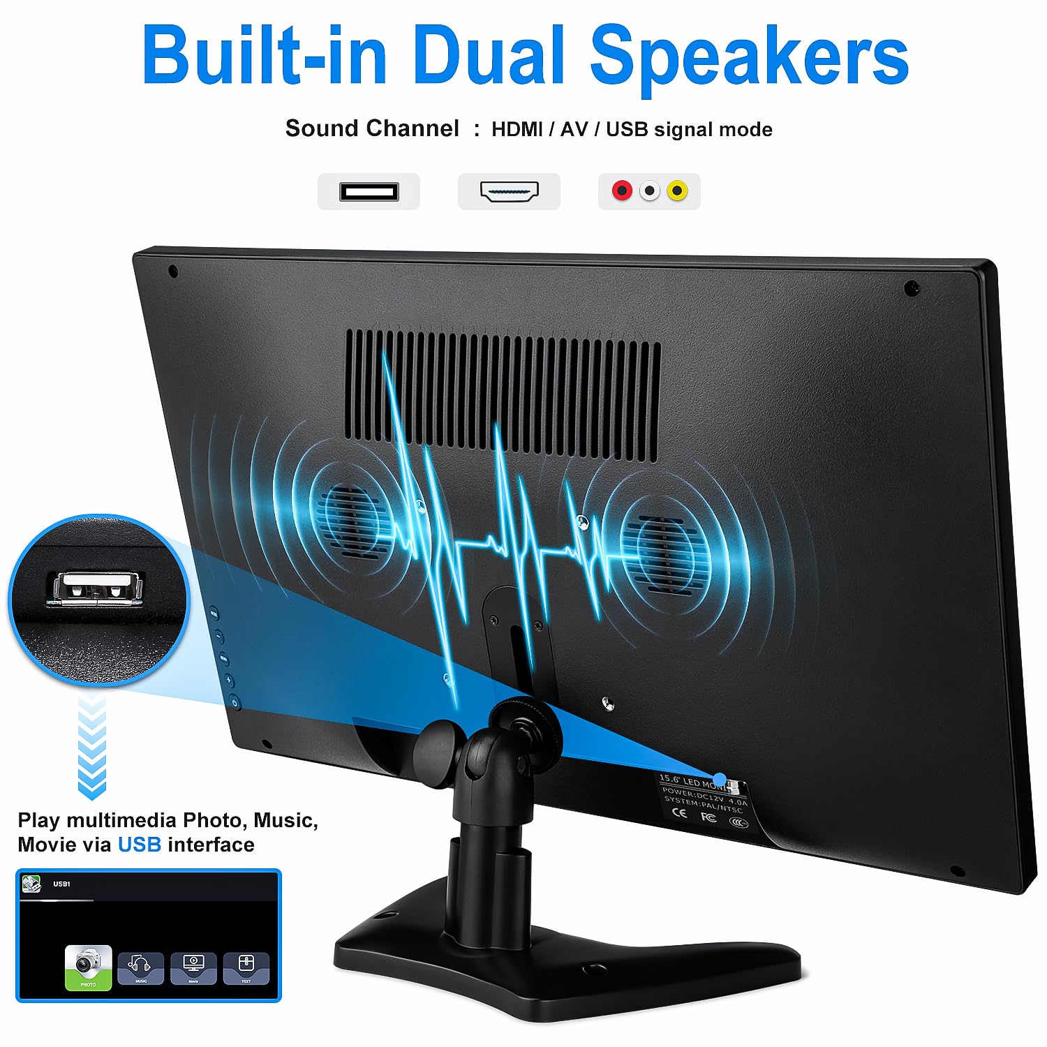 15.6 Inch HD Security Monitor with HDMI/BNC/VGA/AV/USB Ports & Built-in Speakers - 1366x768 Resolution CCTV Display for PC, Laptop, Home Office & Warehouse Surveillance