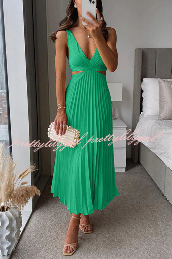 Elegant Summer Floral Print Pleated Cutout Waist Loose Midi Dress for Women - Perfect for Beach Vacations, Garden Parties & Casual Outings