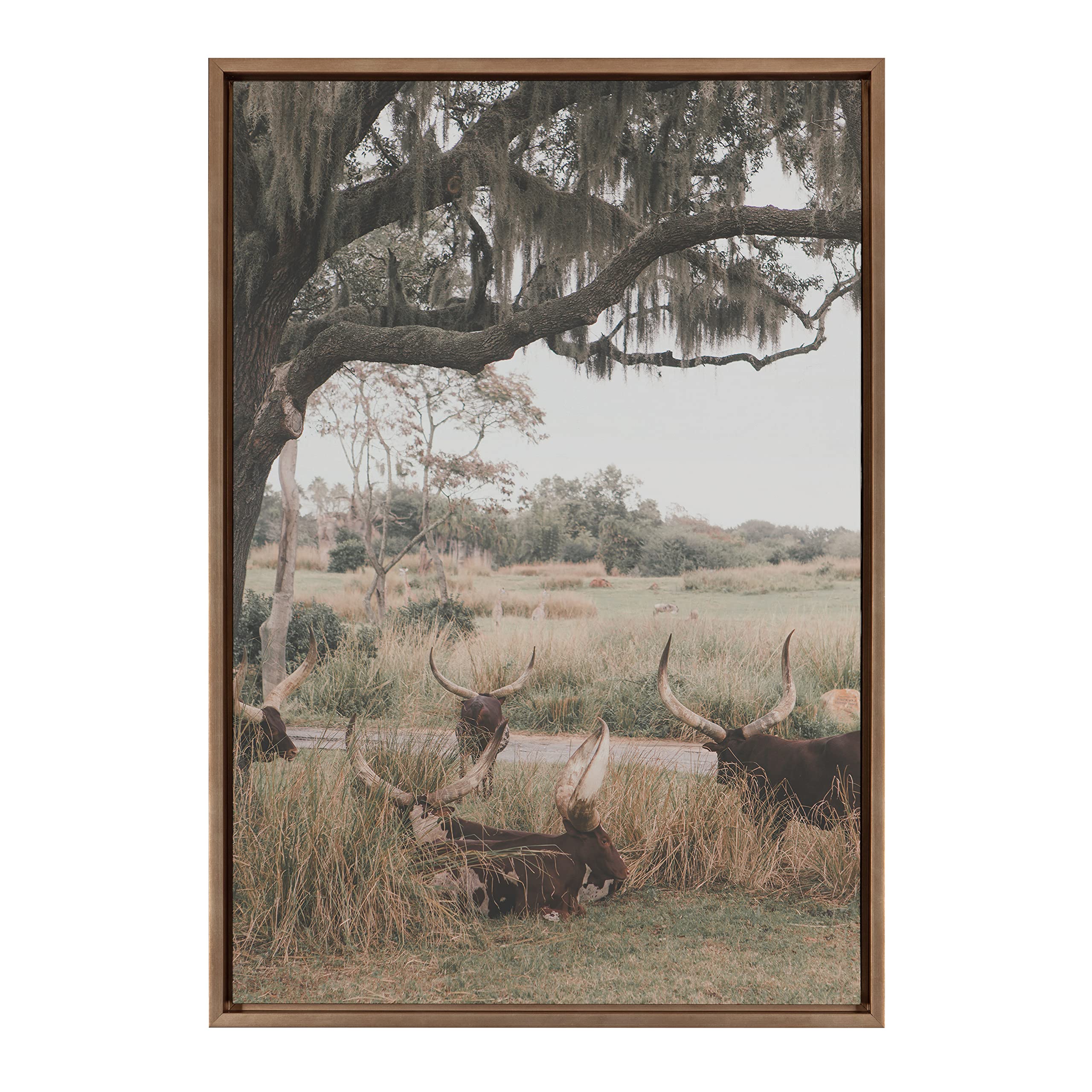 Kate & Laurel Sylvie Longhorns Framed Canvas Wall Art by Alicia Abla - 23x33 Inches Gold Modern Farmhouse Decor - Perfect for Living Room, Bedroom & Office Wall Decorations