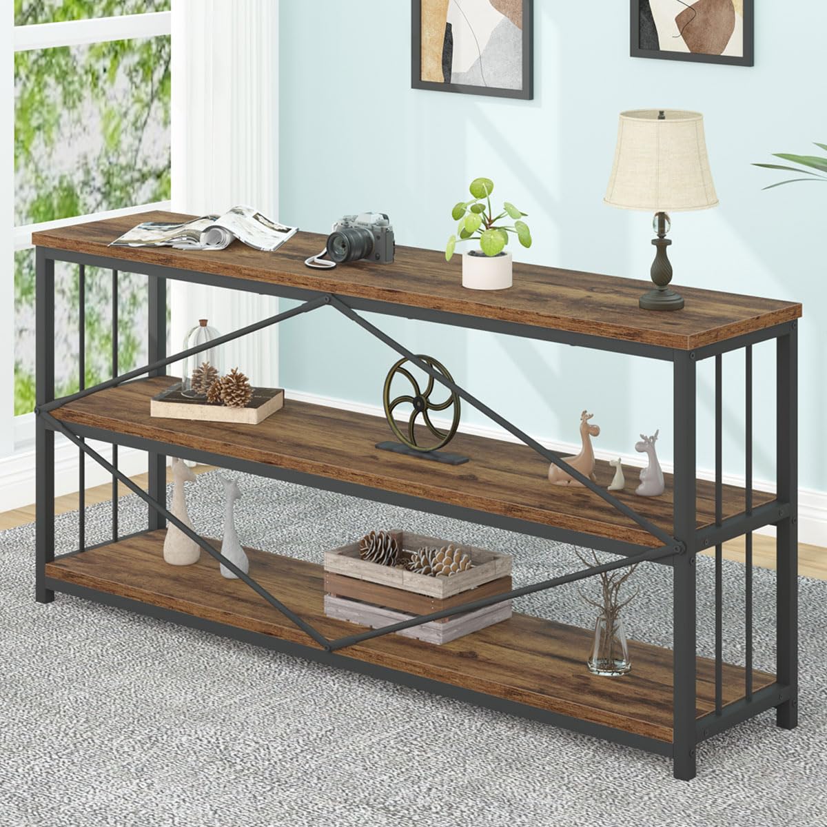 LVB Rustic 3-Tier Entryway Table - Industrial Long Wood Sofa Table Behind Couch - Farmhouse Narrow Console Table with Storage Shelf - Modern Hallway Entry Table for Foyer & Living Room - Rustic Brown (63