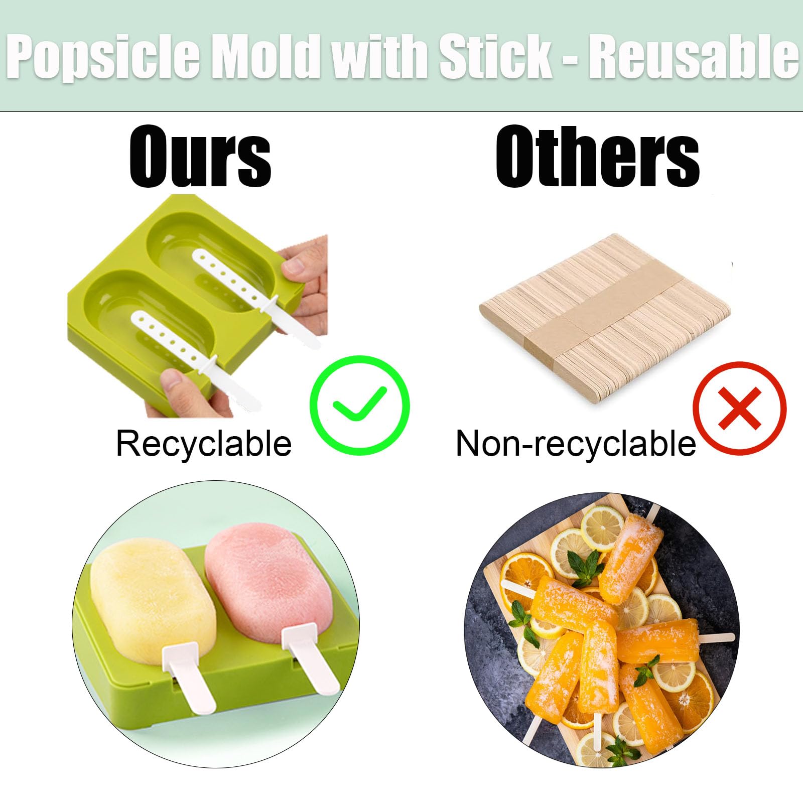 BPA-Free Silicone Popsicle Molds Set of 2 - Reusable, Dishwasher Safe Ice Pop Maker with Easy Release (Green) - Perfect for Homemade Frozen Treats, Kids Snacks, and Summer Parties