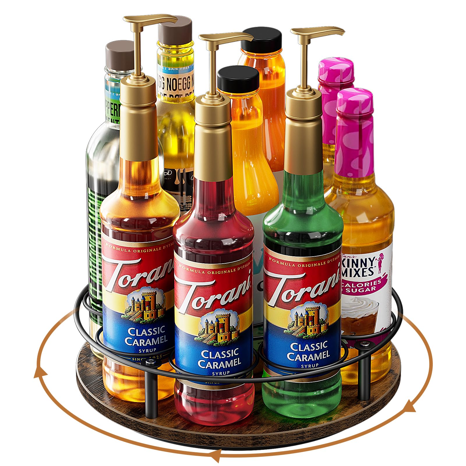 Nuovoware 9 Bottle Rotating Coffee Syrup Organizer Rack - Carbon Steel Frame with Wooden Base for Coffee, Liquor & Thermos Bottles - Space Saving Tabletop Storage for Bars, Cafes & Home Kitchens (Brown & Black)