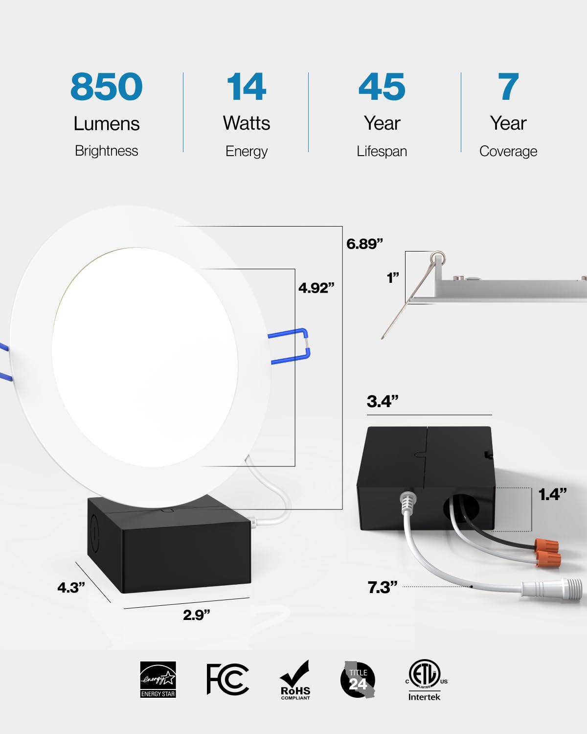 Sunco 4 Pack 6 Inch Ultra Thin LED Recessed Ceiling Lights - 3000K Warm White, Dimmable, 14W=100W, Canless with Junction Box - Perfect for Living Room, Kitchen & Bedroom Lighting