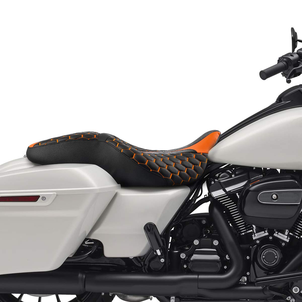 Premium Hexagon Stitched Low-Profile Touring Seat for Harley Davidson Road King, Street Glide, Road Glide, Electra Glide & CVO (2009-2020) - Comfortable Orange Motorcycle Seat for Long Rides & Road Trips