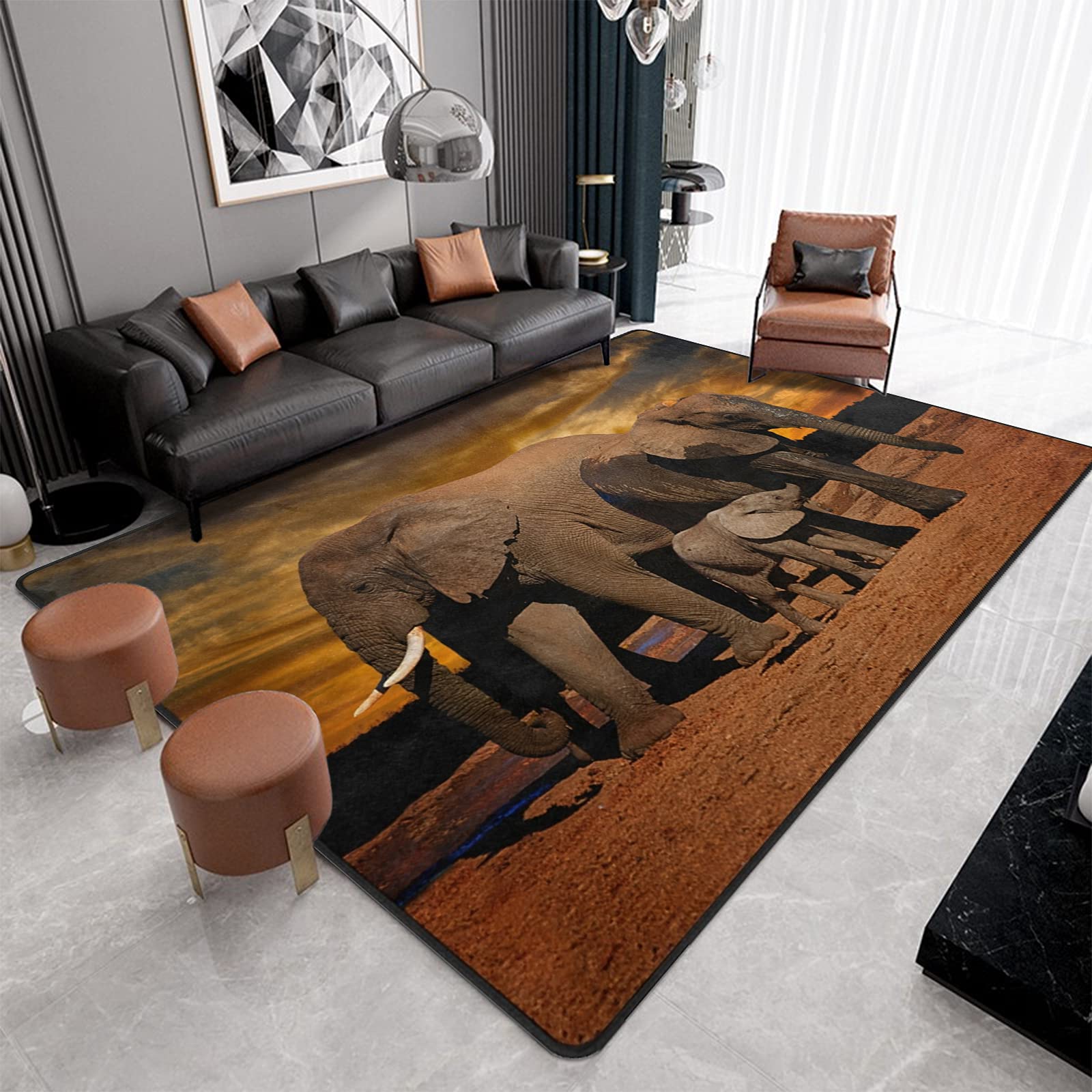 9CH African Elephant Sunset Area Rug – Non-Slip Large Carpet (7'x5') for Living Room, Bedroom, Dining, Kitchen & Office | Perfect for Boho Decor, Safari Theme & Home Accent