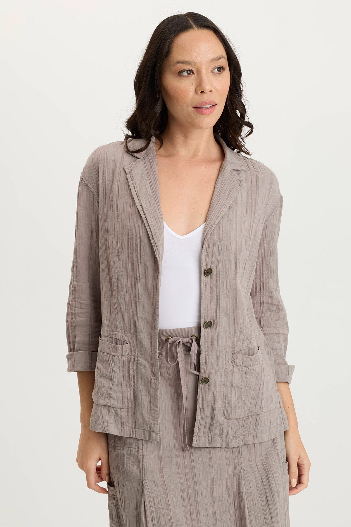 Hendrix Textured Gauze 3/4 Sleeve Button Up Jacket for Women - Lightweight Boho Shirt with Distressed Details - Perfect for Spring Layering, Beach Cover-Up & Casual Outfits