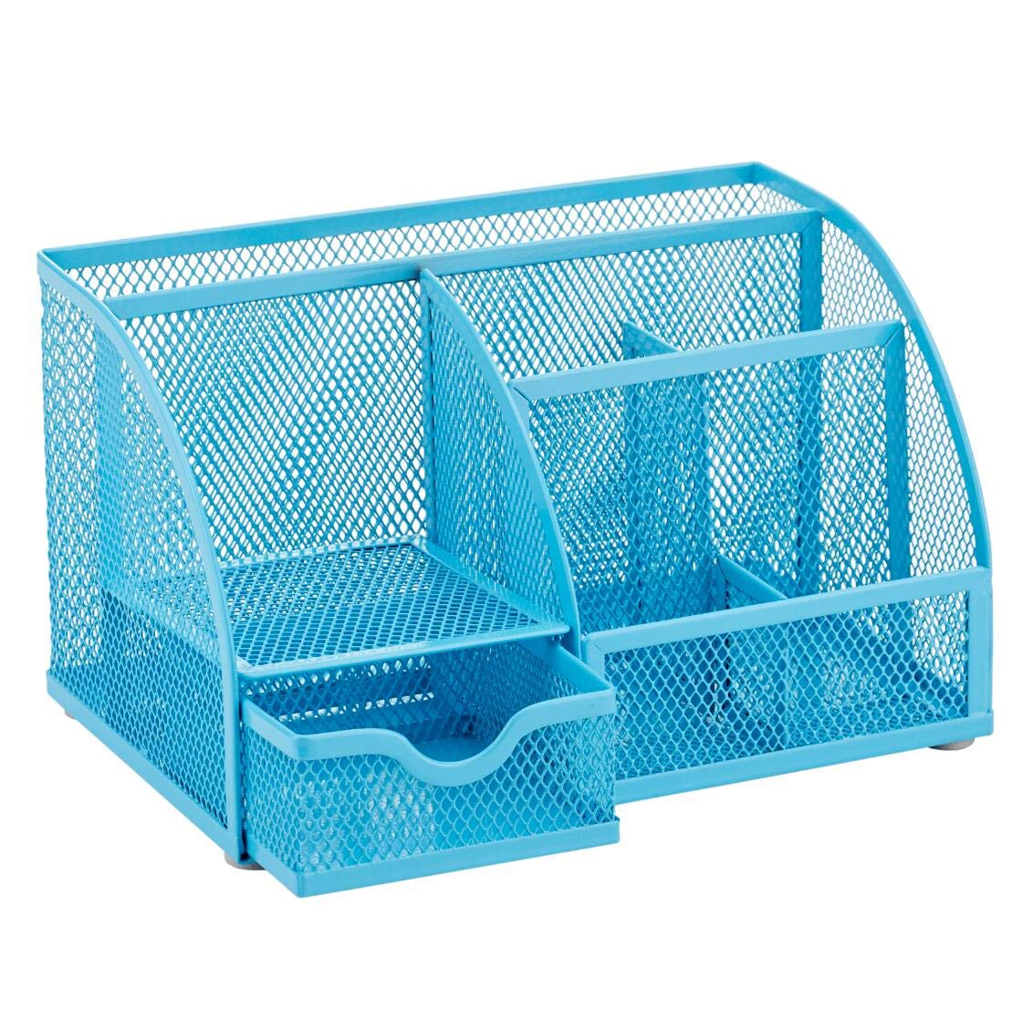 Annovo Mesh Desk Organizer with 7 Compartments & Drawer - Multifunctional Office Organizer for Pens, Candy, Supplies (Blue) | Perfect for Home Office, School Desk & Workspace Organization